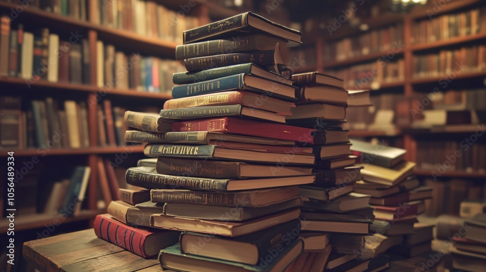 2410 34.A cluttered stack of books on a rustic wooden table, with books of various genres, sizes, and colors piled high. In the background, a softly blurred library setting emphasizes the connection 2410 34.A cluttered stack of books on a rustic wooden table, with books of various genres, sizes, and colors piled high. In the background, a softly blurred library setting emphasizes the connection