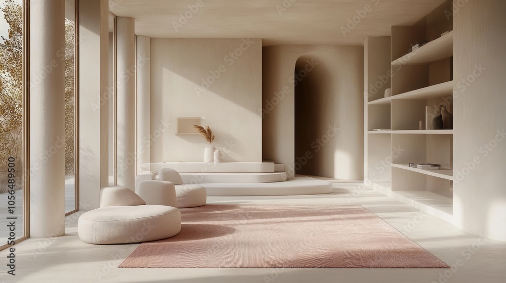 A minimal living room with beige walls, blush pink area rug, and white shelving units A minimal living room with beige walls, blush pink area rug, and white shelving units