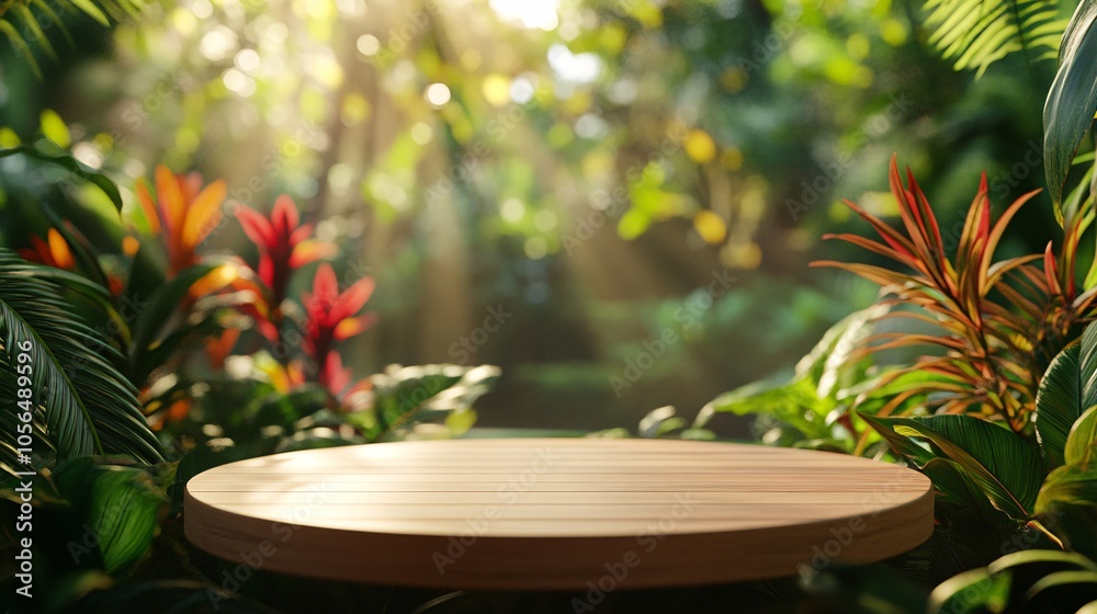 2410 4.A flat wooden podium surrounded by vibrant tropical plants in a sunlit outdoor setting. The soft blur of the forest backdrop highlights the texture of the wood, making it an ideal display 2410 4.A flat wooden podium surrounded by vibrant tropical plants in a sunlit outdoor setting. The soft blur of the forest backdrop highlights the texture of the wood, making it an ideal display