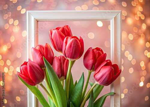 Vibrant red tulips elegantly framed in white contrast beautifully against a soft pink backdrop, creating a stunning visual for floral and nature photography enthusiasts. photo