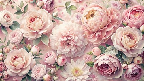 Pastel pink floral wallpaper with large roses and peonies arranged in a whimsical, organic style, elegant, blooming flowers, vintage, soft focus, floral