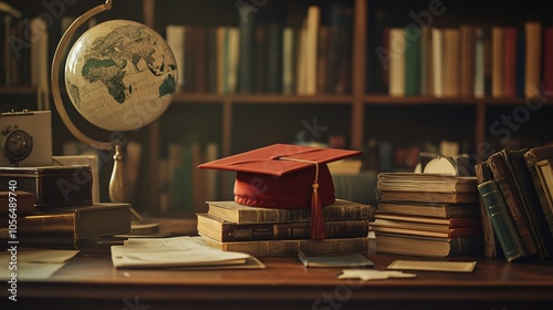 2410 90.A graduation cap and a collection of foreign books are arranged on a study desk. The scene emphasizes the idea of learning abroad, showcasing the importance of global education and how