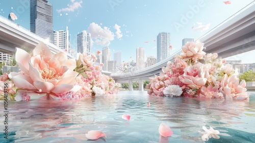 An enchanted urban bridge adorned with soft sculptures of mystical flowers and creatures, offering a fairy-tale escape within the city