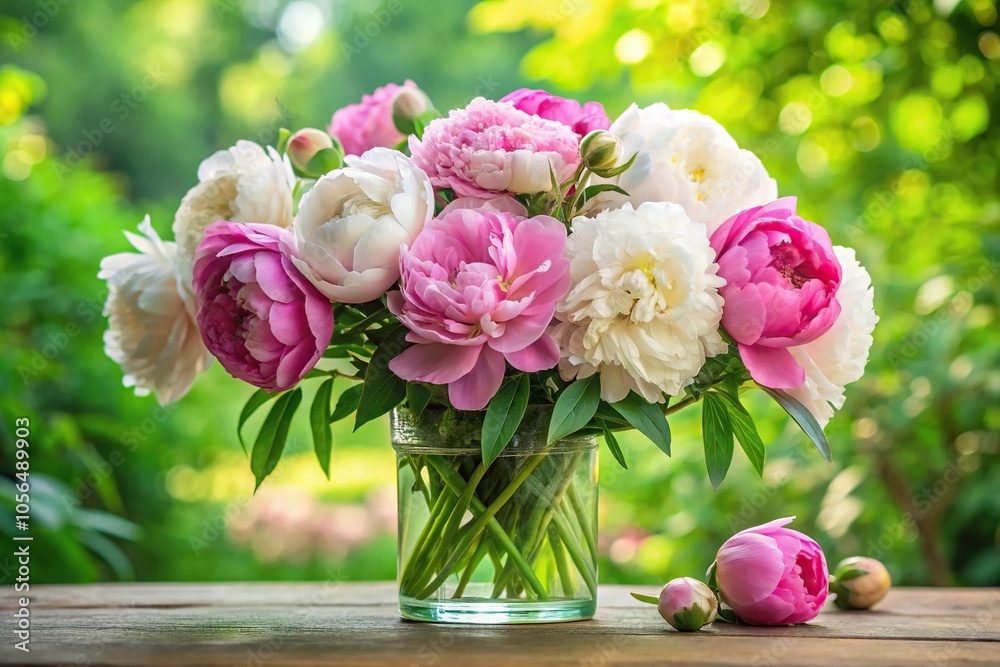 Pink and white peonies in a vase surrounded by lush greenery, , pink, lush, floral art, flowers Pink and white peonies in a vase surrounded by lush greenery, , pink, lush, floral art, flowers