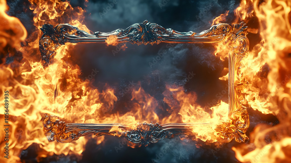 Ornate Silver Frame Surrounded by Flames 3D Illustration