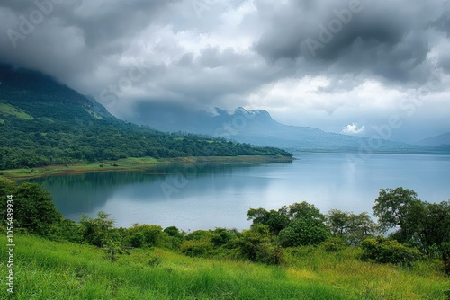 The Vast Glassy Lake s Surface Reflects the Overcast Heavens Above Creating an Illusion of a Liquid Mirror Suspended Between Earth and Sky Its Calm Unruffled Expanse Stretches Out Towards Distant Shor