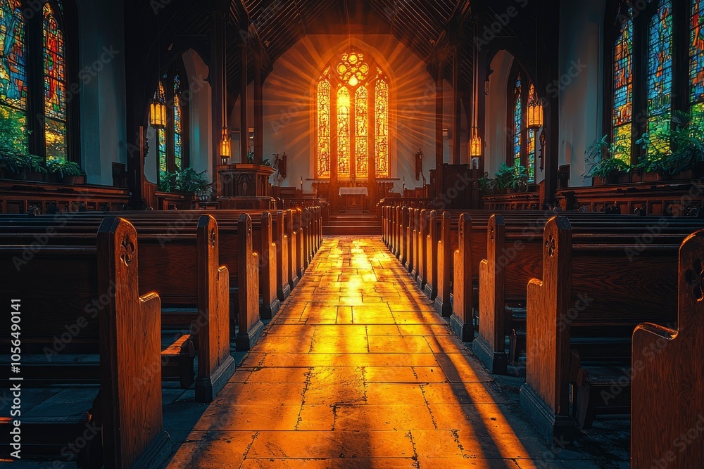 Fototapeta premium Sunbeams Illuminating Church Interior with Stained Glass Windows and Wooden Pews