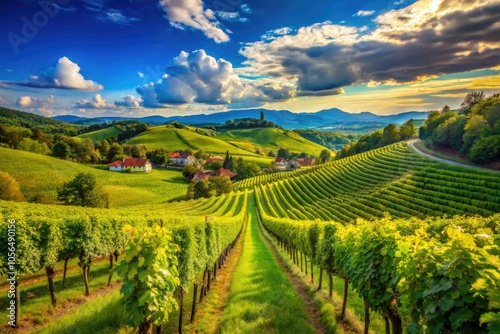 Wallpaper Mural Vibrant vineyard rows in Slovenia display abundant green grapes, basking under a radiant blue sky, offering a picturesque and serene landscape for all to admire. Torontodigital.ca