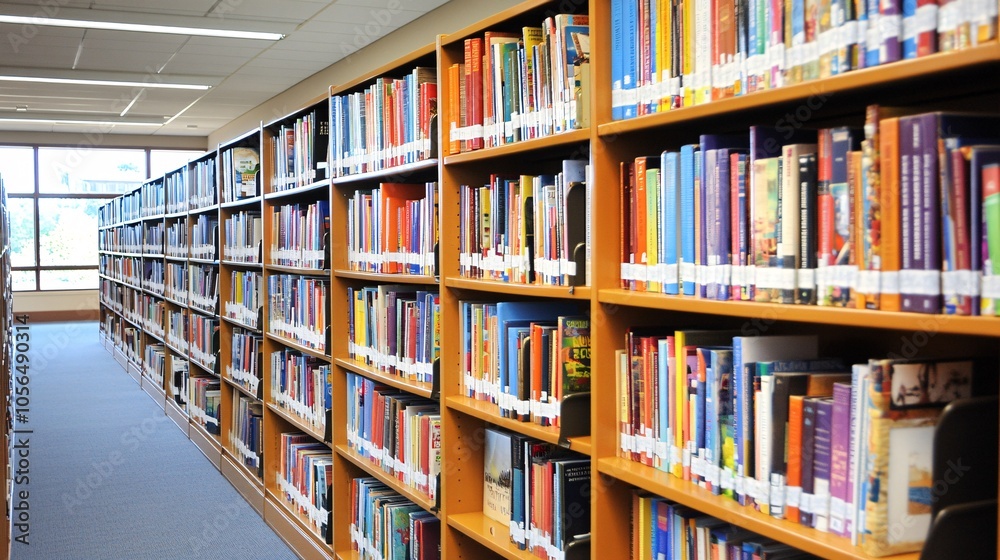 2410 48.A well-lit library filled with books on tall wooden shelves. The neatly arranged books in various colors and sizes create a vibrant and organized display, perfect for conveying the importance 2410 48.A well-lit library filled with books on tall wooden shelves. The neatly arranged books in various colors and sizes create a vibrant and organized display, perfect for conveying the importance