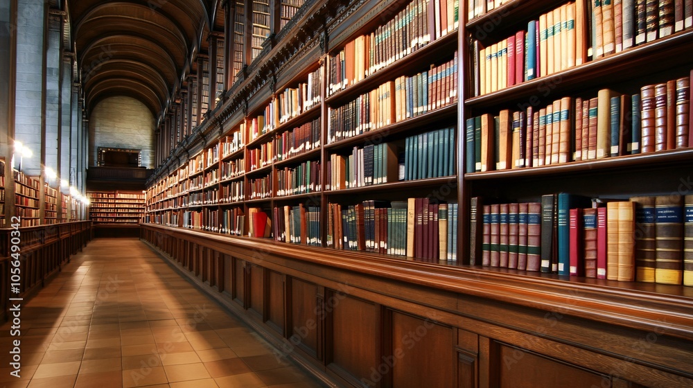 Fototapeta premium 2410 48.A well-lit library filled with books on tall wooden shelves. The neatly arranged books in various colors and sizes create a vibrant and organized display, perfect for conveying the importance