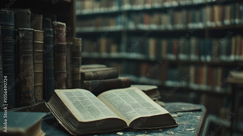 Obraz premium 2410 56.A close-up of an open, old textbook on a library desk, with stacks of well-worn literature in the background. The blurred aisle of bookshelves creates depth, drawing attention to the pile of