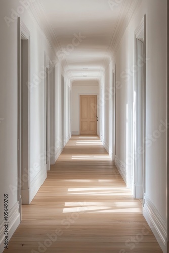 A long hallway with white walls and wooden floors. The hallway is empty and has a very clean and simple look