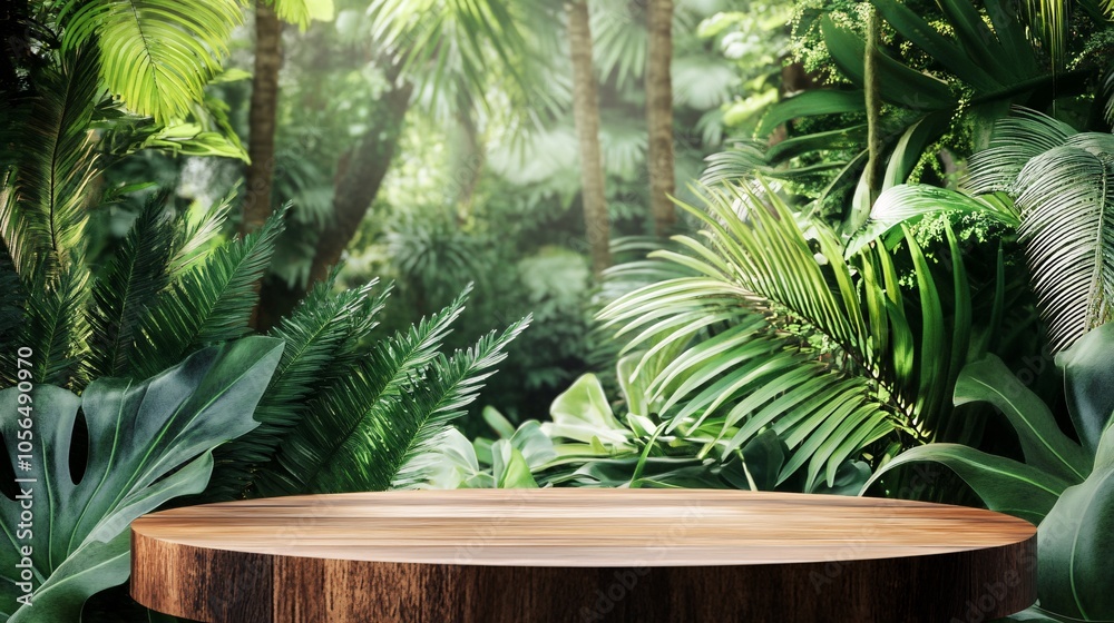 2410 3.A rustic wooden surface set against a tropical background, featuring large green leaves and ferns. The lush vegetation in the background is slightly out of focus, allowing the wooden podium to 2410 3.A rustic wooden surface set against a tropical background, featuring large green leaves and ferns. The lush vegetation in the background is slightly out of focus, allowing the wooden podium to
