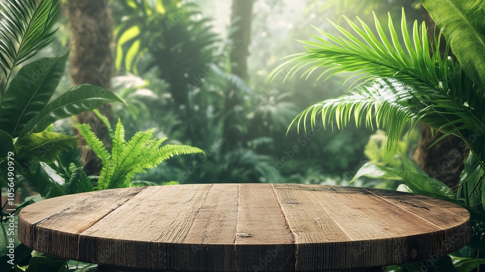 2410 3.A rustic wooden surface set against a tropical background, featuring large green leaves and ferns. The lush vegetation in the background is slightly out of focus, allowing the wooden podium to 2410 3.A rustic wooden surface set against a tropical background, featuring large green leaves and ferns. The lush vegetation in the background is slightly out of focus, allowing the wooden podium to