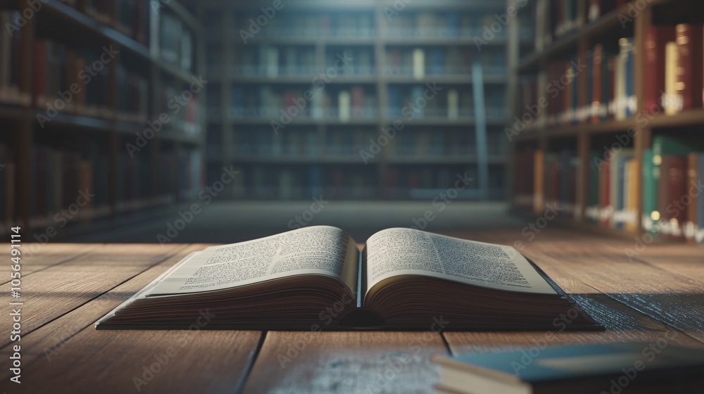 Fototapeta premium 2410 37.A school library scene with an open book laid out on a wooden table, its pages spread wide. In the background, rows of bookshelves filled with neatly arranged books in different colors are