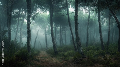 A Misty Forest Path Through Tall Trees