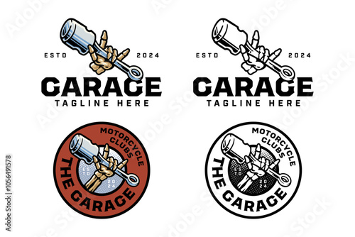metal hand skull holding piston engine colorful logo design set for garage, motorcycle club rock bone hand holding cylinder engine crossed illustration outline badge logo template for racing sport