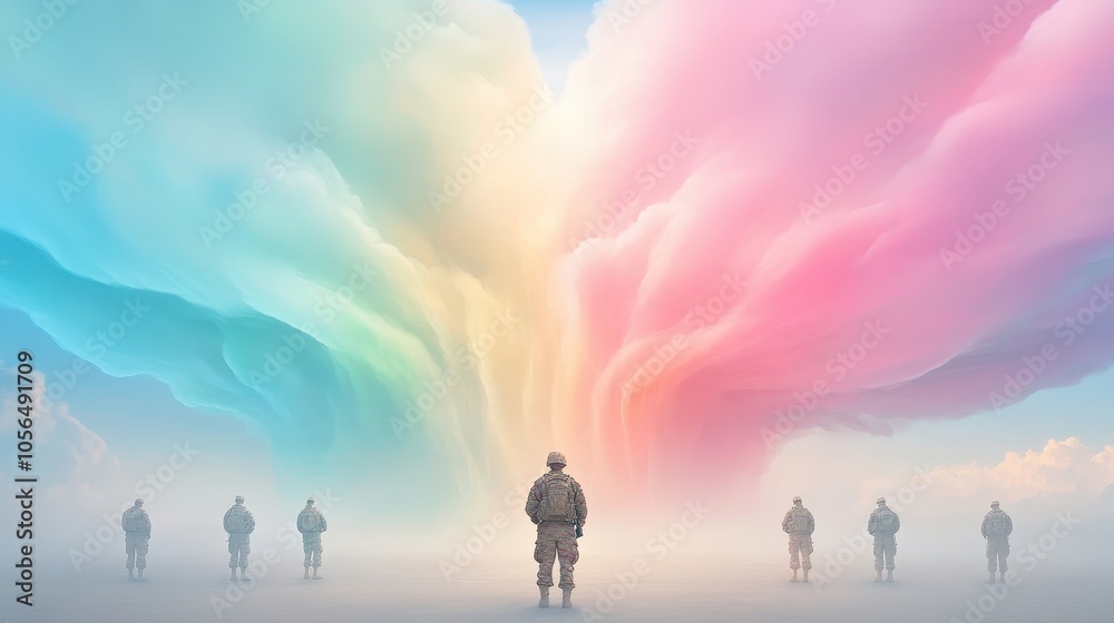 A group of soldiers stand in front of a colorful cloud A group of soldiers stand in front of a colorful cloud