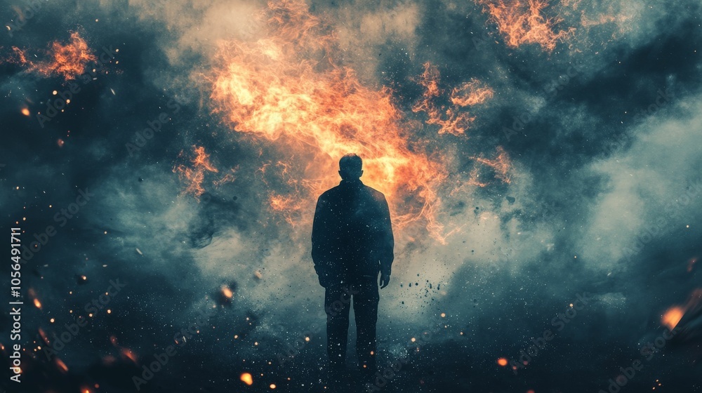 Silhouette of a man in a dark and cloudy sky with a burst of light behind him. Silhouette of a man in a dark and cloudy sky with a burst of light behind him.