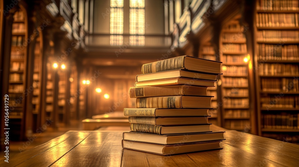 2410 42.A stack of hardcover books arranged neatly on a wooden table, with the background of a spacious library filled with rows of bookshelves. The warm lighting in the library adds to the peaceful 2410 42.A stack of hardcover books arranged neatly on a wooden table, with the background of a spacious library filled with rows of bookshelves. The warm lighting in the library adds to the peaceful