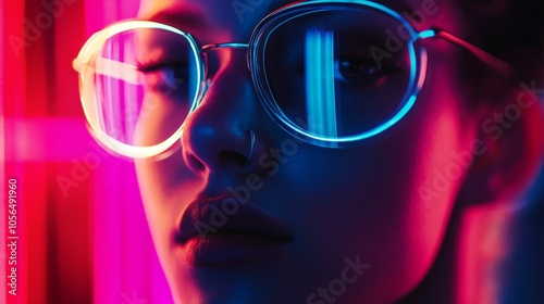 A woman's face with bright, colorful lights reflected in her glasses. Neon lights and a trendy, stylish look for a night out.