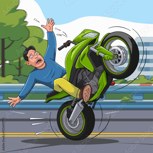 Man losing control while riding a green motorcycle.