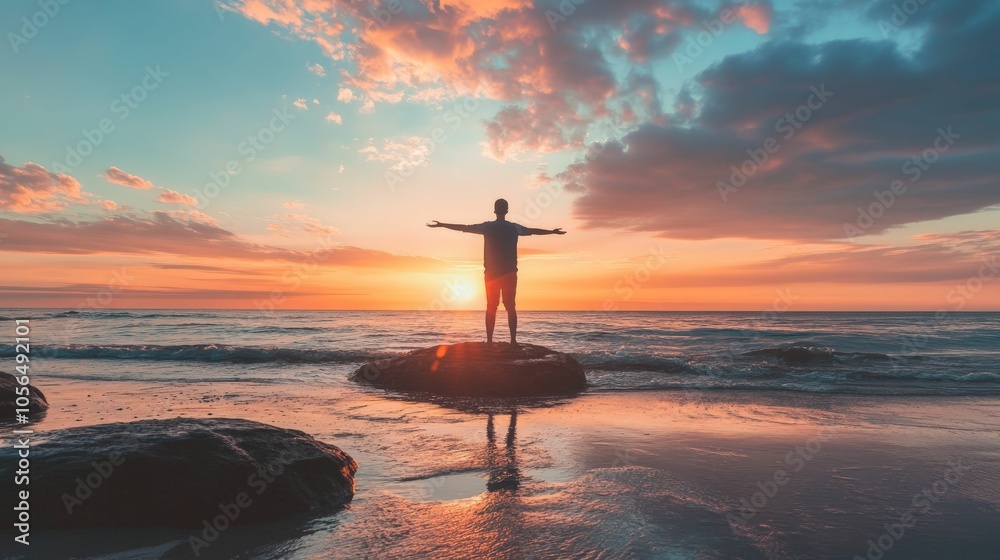 Silhouette of a man standing with arms outstretched on a rock at sunset with ocean waves in foreground. Silhouette of a man standing with arms outstretched on a rock at sunset with ocean waves in foreground.