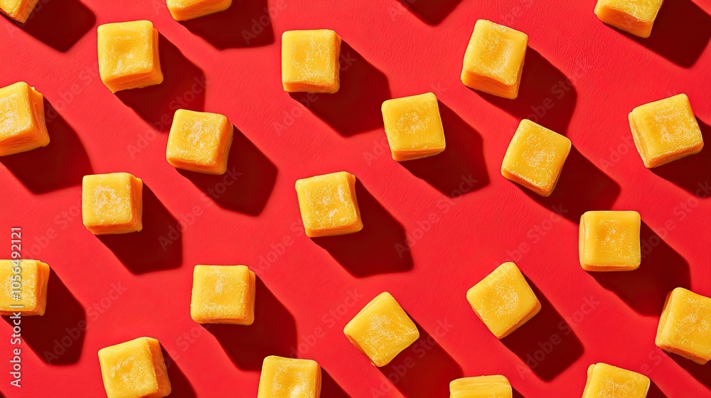 Square Yellow Candies on a Red Background Square Yellow Candies on a Red Background