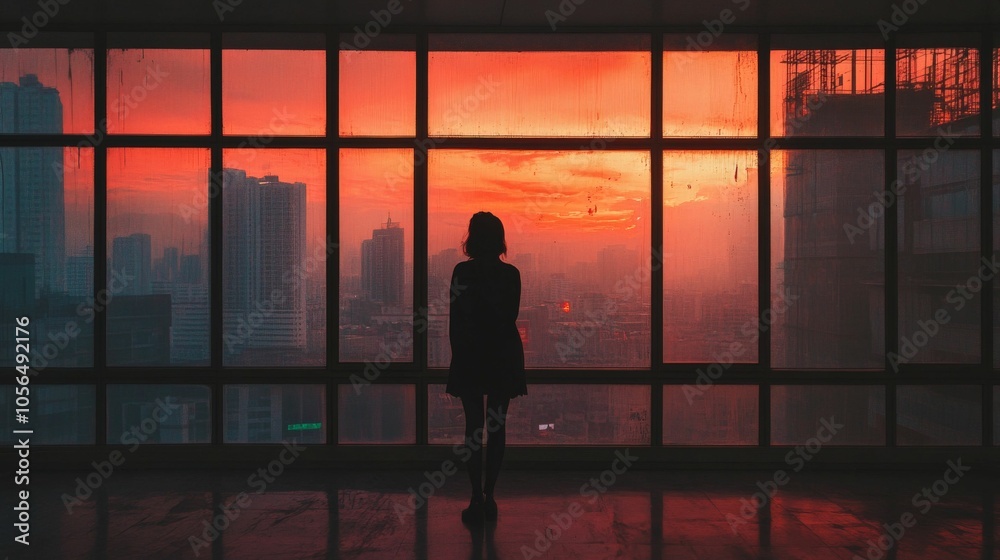 Silhouette of a woman standing by a window watching the city sunset. Silhouette of a woman standing by a window watching the city sunset.
