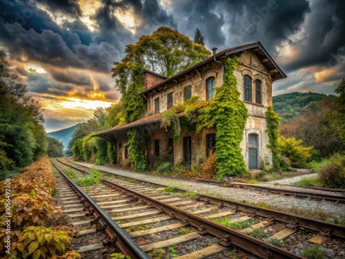 Abandoned Psyrtskha Railroad Station in New Athos showcases captivating ruins, vintage architecture, and nature's overgrowth, creating an atmospheric landscape steeped in history. A must-see travel si photo