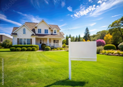 A blank white yard sign on a well-kept lawn in front of a spacious home, perfect for announcements, real estate, or event promotions, evoking warmth.