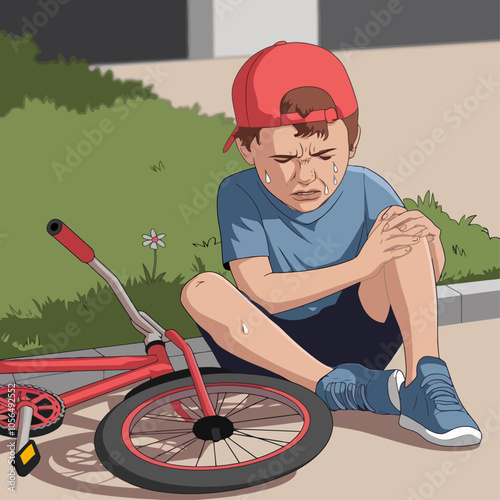 Sad boy crying with scraped knee next to fallen bike.