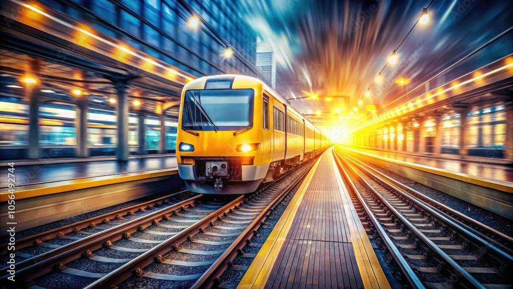 Naklejka premium A bright yellow express train rushes past a lively railway station, where a bokeh effect creates a sense of motion and captures the urban transport vibe.