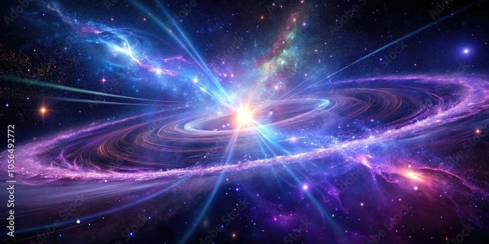 A brilliant cosmic dance unfolds as deep indigo and purple galactic magnetic fields weave together, unleashing vibrant light and unveiling the universe's awe-inspiring beauty. A brilliant cosmic dance unfolds as deep indigo and purple galactic magnetic fields weave together, unleashing vibrant light and unveiling the universe's awe-inspiring beauty.