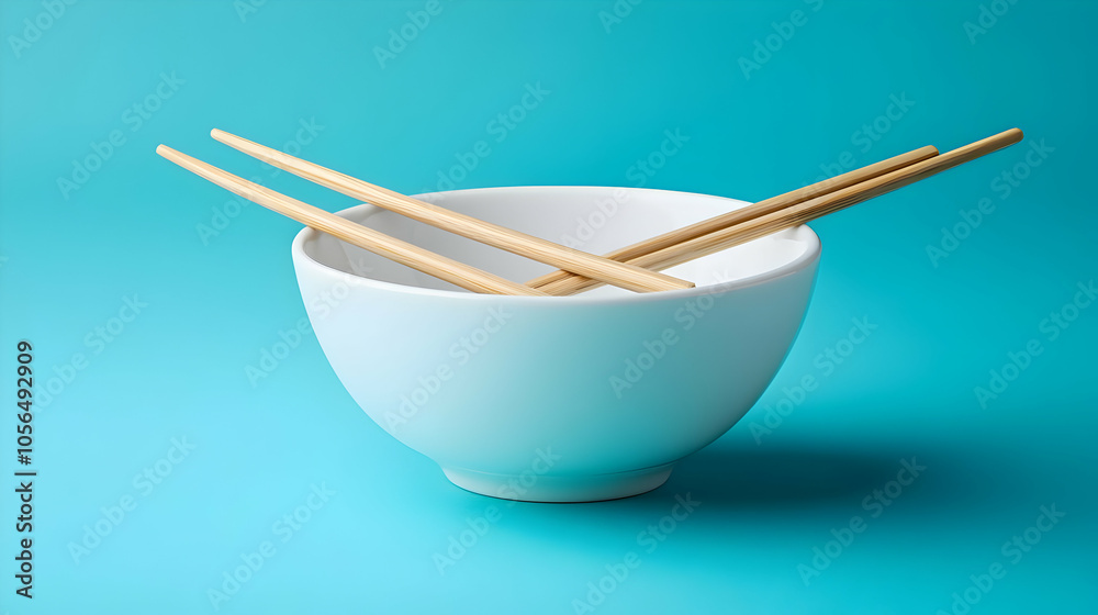 White Bowl with Chopsticks on Blue Background - Still Life Illustration White Bowl with Chopsticks on Blue Background - Still Life Illustration