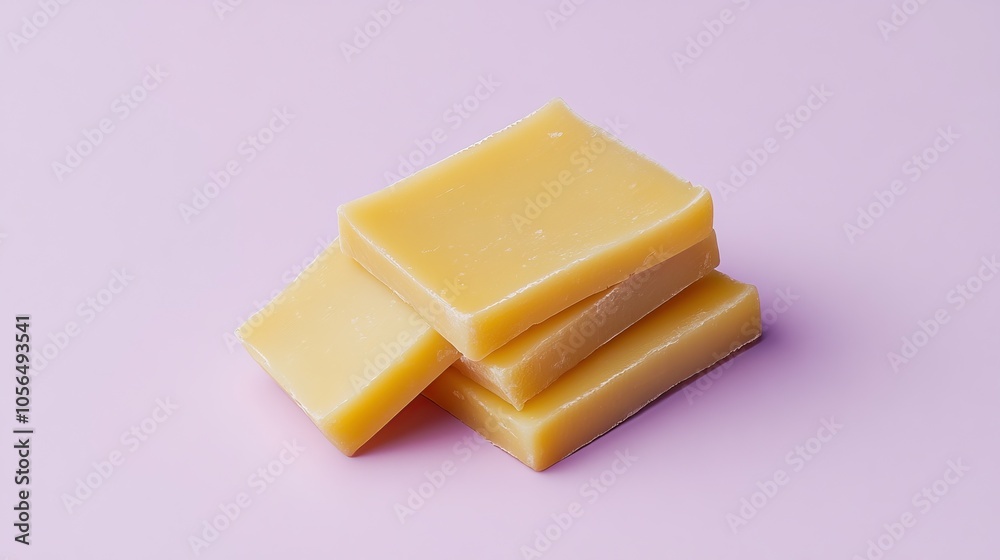 Stack of Three Yellow Soap Bars on a Lavender Background