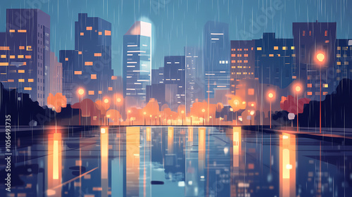 Evening urban landscape with rain-soaked streets reflecting city lights in a modern downtown area. Rain-soaked Streets. Illustration photo