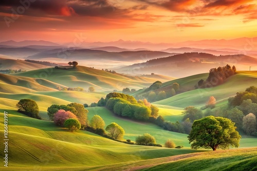 Soft peach and coral hues dominate a serene sunset scene featuring rolling hills and a few scattered trees in shades of green, peaceful atmosphere, calming scene