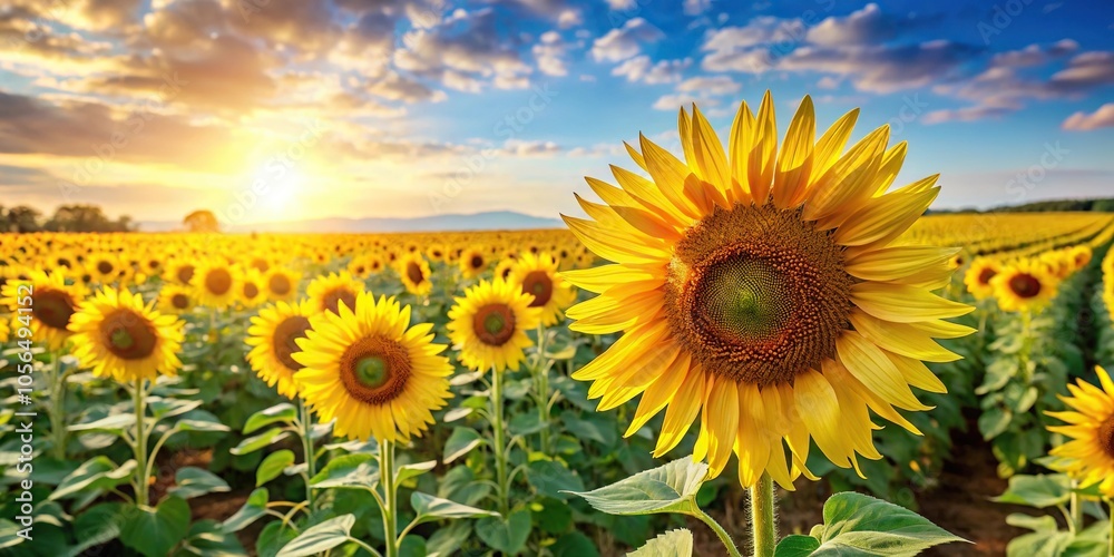 Sunflower field with tall stalks and bright yellow blooms in a sunny landscape, blooming flowers, sunflower field, landscape photo Sunflower field with tall stalks and bright yellow blooms in a sunny landscape, blooming flowers, sunflower field, landscape photo