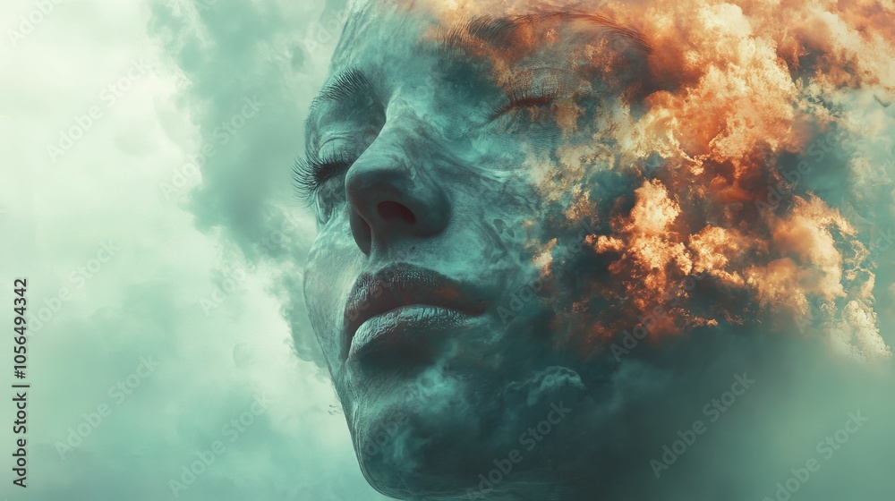 Abstract surreal portrait of a human head with flames, conceptual art. Abstract surreal portrait of a human head with flames, conceptual art.