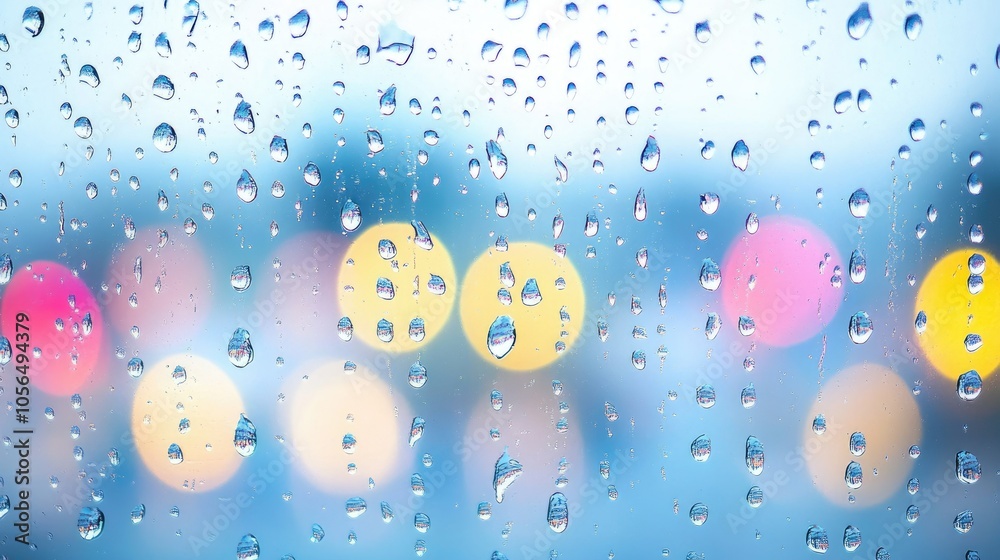 A close-up of water droplets on a windowpane, with colorful bokeh lights in the background creating an abstract, serene scene. A close-up of water droplets on a windowpane, with colorful bokeh lights in the background creating an abstract, serene scene.