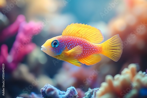 A vibrant yellow and blue fish with red spots swims past pink and orange coral.