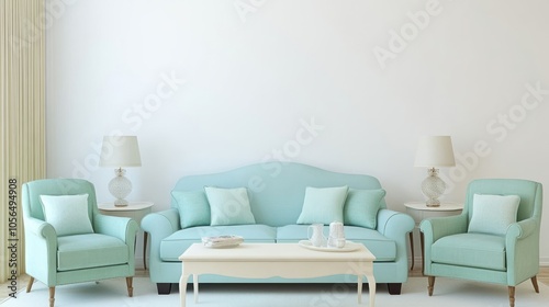 A minimalist living room with cream walls  a sky blue fabric sofa  and mint green accent chairs