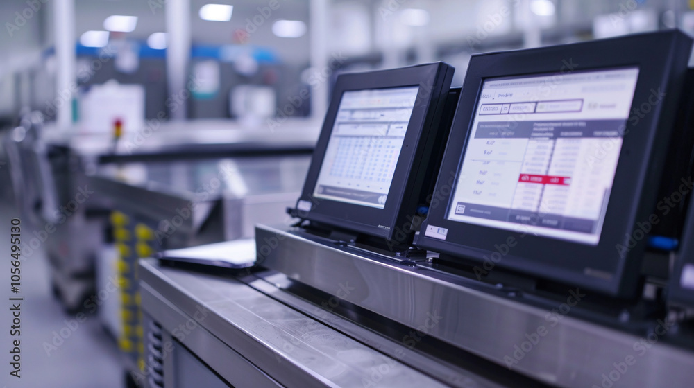 Close-up of digital control panels with data screens in a high-tech manufacturing facility, used for monitoring and managing production processes Close-up of digital control panels with data screens in a high-tech manufacturing facility, used for monitoring and managing production processes