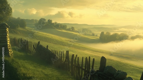 Misty Morning Landscape with Rolling Hills and a Wooden Fence photo