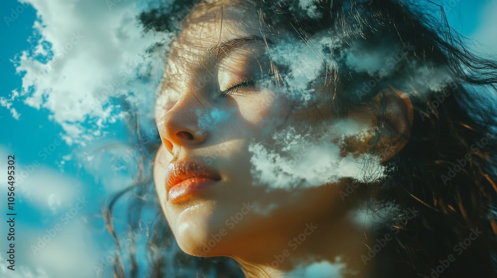 A dreamy portrait of a woman with clouds floating over her face. A dreamy portrait of a woman with clouds floating over her face.
