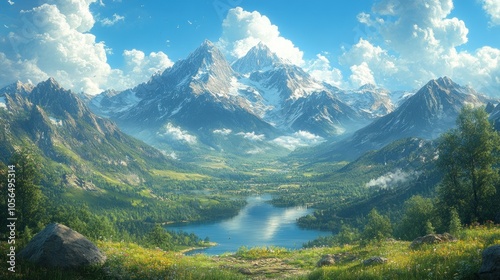 Scenic mountain landscape with a serene lake and lush greenery.