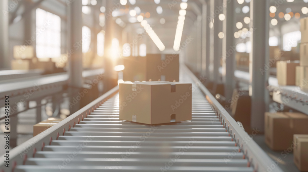 Cardboard boxes travel along a conveyor belt in a bright, automated warehouse, showcasing efficient packaging, sorting, and distribution processes