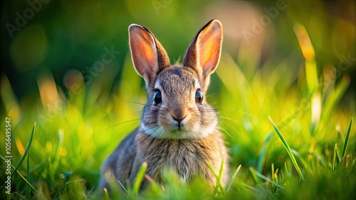 A delightful rabbit rests on lush green grass, its curious gaze directed at the camera, capturing the essence of natureâ€™s cutest creatures in a peaceful outdoor scene.