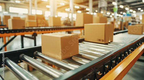 Cardboard boxes move along a conveyor belt in a bright, automated distribution center, illustrating modern packaging and logistics efficiency